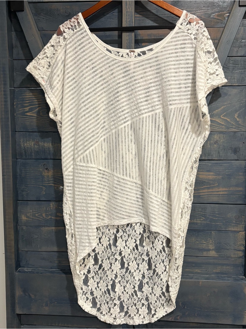 Free People White Lace-Back Sheer Front Striped Tunic Top